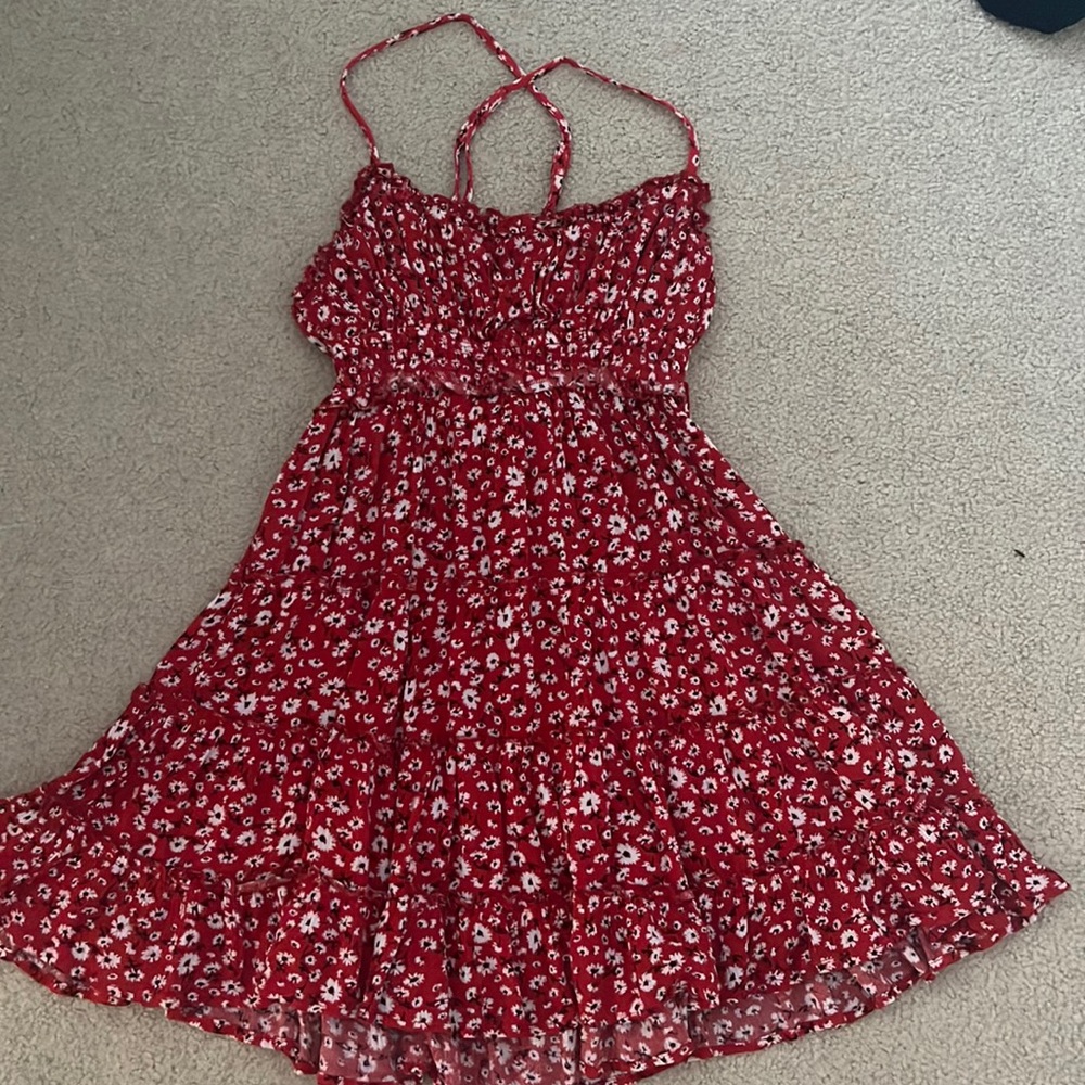 Red floral flowy dress